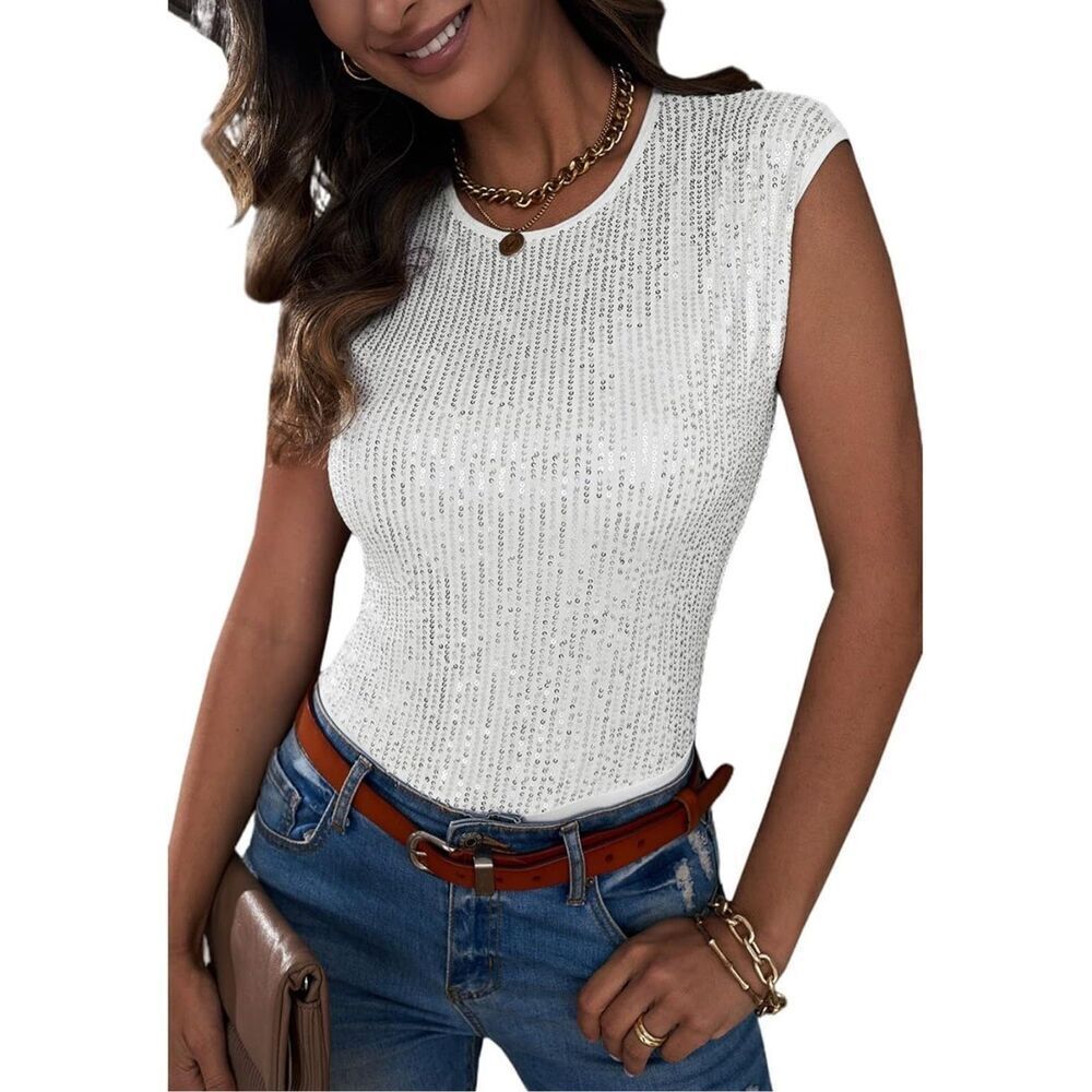NEW White Sleeveless Sparkly Sequins Bodysuit S